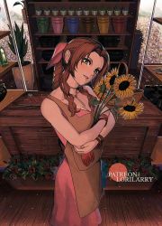 Rule 34 | 1girl, aerith gainsborough, alternate costume, apron, bangle, bare shoulders, basket, bracelet, braid, braided ponytail, breasts, brown apron, brown hair, choker, cleavage, cowboy shot, crossed arms, dress, final fantasy, final fantasy vii, final fantasy vii remake, flower, flower choker, flower shop, green eyes, hair ribbon, head tilt, holding, holding flower, jewelry, long hair, looking at viewer, lorilarry, medium breasts, parted bangs, parted lips, patreon username, pink dress, pink ribbon, plant, ribbon, shelf, shop, sidelocks, smile, solo, sunflower, wavy hair, wooden floor, yellow flower