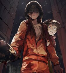 Rule 34 | 1boy, 1girl, blood, blood on face, blue eyes, bottle, broken bottle, brown jacket, character request, collarbone, grabbing another&#039;s arm, highres, holding, holding bottle, hood, hood up, jacket, kenny mccormick, long sleeves, open mouth, orange jacket, orange pants, outdoors, pants, shirt, short hair, silverlilii, snow, south park, tears