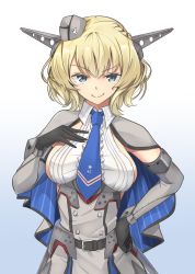 Rule 34 | 1girl, artworks/77576602, black gloves, blonde hair, blue background, blue eyes, blue necktie, braid, breasts, capelet, colorado (kancolle), commentary request, cowboy shot, dress, elbow gloves, garrison cap, gloves, gradient background, grey dress, grey hat, hand on own chest, hand on own hip, hat, headgear, highres, kantai collection, large breasts, necktie, negahami, pleated dress, shirt, short hair, side braids, sideboob, sleeveless, smug, solo, white background, white shirt