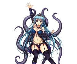 Rule 34 | 1girl, bare shoulders, black eyes, black thighhighs, blue hair, breasts, choker, clenched hand, dragon providence, garter straps, hand up, large breasts, lloigor, long hair, midriff, navel, o-ring, official art, open mouth, solo, standing, tentacles, thighhighs, tiara, transparent background, very long hair