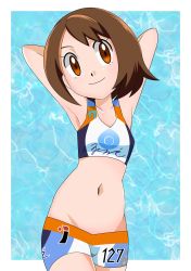 Rule 34 | 1girl, belly, blue background, brown hair, cosplay, creatures (company), crop top, game freak, gloria (pokemon), hainchu, highres, midriff, navel, nessa (pokemon), nessa (pokemon) (cosplay), nintendo, orange eyes, pokemon, pokemon swsh, stomach, stretching