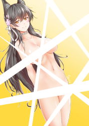 Rule 34 | 1girl, animal ears, arms behind back, atago (azur lane), azur lane, black hair, blush, breasts, censored, choker, cigar cat, cleavage, collarbone, cowboy shot, dutch angle, flower, gradient background, hair flower, hair ornament, highres, large breasts, light censor, long hair, looking at viewer, mole, mole under eye, nude, orange eyes, simple background, smile, solo, standing, swept bangs, yellow background, yellow theme