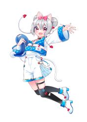 Rule 34 | 1girl, absurdres, animal ears, blush, bow, bow legwear, cat ears, cat girl, cat tail, choker, double bun, footwear bow, full body, garter straps, grey hair, hair bow, hair bun, hair ornament, heart, high heels, highres, holding, holding stuffed toy, jacket, kneehighs, long sleeves, masumofu, nail polish, open mouth, original, outstretched arm, pink eyes, quilted clothes, quilted jacket, shorts, single garter strap, smile, socks, solo, stuffed animal, stuffed fish, stuffed toy, tail, thigh strap