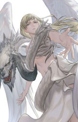 Rule 34 | 1girl, angel wings, blonde hair, blue eyes, dragon, dutch angle, feathered wings, final fantasy, final fantasy xiv, hraesvelgr (ff14), lmin, long hair, looking at viewer, outstretched arms, possessed, possession, reaching, reaching towards viewer, ryne waters, shiva (final fantasy), solo, spread arms, wings