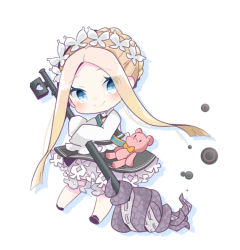 Rule 34 | 1girl, abigail williams (fate), abigail williams (festival outfit) (fate), black dress, black footwear, blonde hair, blue eyes, blush, braid, butterfly hair ornament, chibi, closed mouth, colored shadow, commentary request, dress, drop shadow, fate/grand order, fate (series), forehead, full body, hair ornament, heart, heroic spirit festival outfit, homurabi, long sleeves, looking at viewer, official alternate costume, parted bangs, shadow, shirt, sidelocks, sleeveless, sleeveless dress, sleeves past fingers, sleeves past wrists, smile, solo, stuffed animal, stuffed toy, teddy bear, tentacles, white background, white shirt