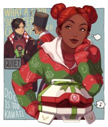 Rule 34 | 1girl, 2boys, 2gou, anger vein, annoyed, apex legends, bad id, bad tumblr id, black eyes, black hair, black headwear, blue background, border, brown jacket, brown sweater, christmas sweater, crypto (apex legends), d.o.c. health drone, dark-skinned female, dark skin, double bun, english text, facial hair, green hoodie, hair behind ear, hair bun, highres, hood, hoodie, jacket, lifeline (apex legends), looking to the side, mirage (apex legends), multiple boys, musical note, mustache, outside border, red hoodie, robot, smile, speech bubble, striped clothes, striped hoodie, sweater, the wisecracker mirage, white border