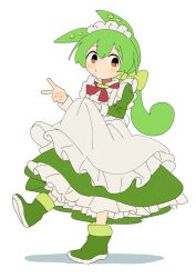 Rule 34 | 1girl, alternate costume, apron, blush, boots, bow, brooch, closed mouth, commentary request, dress, frilled apron, frilled dress, frills, green bow, green dress, green footwear, green hair, hair between eyes, hair bow, hands up, holding apron, jewelry, leg up, long hair, long sleeves, looking to the side, low ponytail, maid, maid apron, maid headdress, nakkasu, neck ribbon, orange eyes, ponytail, puckered lips, red ribbon, ribbon, shadow, sleeve cuffs, solo, standing, standing on one leg, v, voicevox, white background, zundamon
