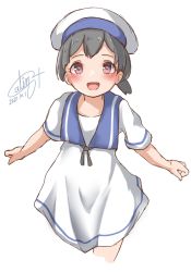 Rule 34 | 1girl, black hair, blue sailor collar, brown eyes, calin, commentary request, cropped legs, dress, hat, hiburi (kancolle), highres, kantai collection, low ponytail, one-hour drawing challenge, sailor collar, sailor dress, sailor hat, short hair, short sleeves, simple background, smile, solo, white background, white dress, white legwear