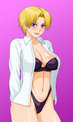 Rule 34 | blonde hair, blue eyes, bra, highres, king (snk), lingerie, makani kohitujito, open clothes, open shirt, panties, shirt, short hair, snk, the king of fighters, underwear
