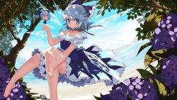 Rule 34 | 1girl, absurdres, adapted costume, alternate costume, bad id, bad pixiv id, bare shoulders, barefoot, bloomers, blue eyes, blue hair, blush, chibi, choker, cirno, collarbone, day, dress, artistic error, flower, full body, hair ribbon, highres, hydrangea, ice, ice wings, kofboy, matching hair/eyes, nature, ocean, off shoulder, puffy sleeves, ribbon, ribbon choker, short hair, short sleeves, sky, smile, solo, touhou, tree, tree shade, underwear, wings