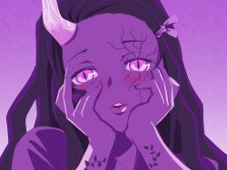 Rule 34 | 1girl, asymmetrical horns, black hair, commentary request, cracked skin, crazy eyes, demon girl, dreamoon-q, glowing, glowing eyes, hands on own cheeks, hands on own face, horns, kamado nezuko, kimetsu no yaiba, looking at viewer, purple background, purple eyes, purple theme, single horn, slit pupils, solo, upper body, yandere, yandere trance