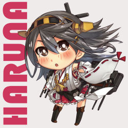 Rule 34 | 10s, 1girl, ahoge, black eyes, black hair, boots, chibi, detached sleeves, double bun, hair ornament, hairband, haruna (kancolle), kantai collection, long sleeves, nontraditional miko, personification, pleated skirt, skirt, solo, thigh boots, thighhighs, umino mokuzu (shizumisou), wide sleeves, zettai ryouiki