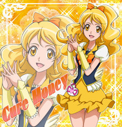 Rule 34 | 10s, 1girl, blonde hair, bow, bowtie, brooch, character name, cure honey, hair bow, hanzou, happinesscharge precure!, heart, heart brooch, long hair, magical girl, oomori yuuko, orange background, orange theme, own hands together, precure, skirt, smile, solo, wide ponytail, wrist cuffs, yellow eyes, yellow skirt, zoom layer
