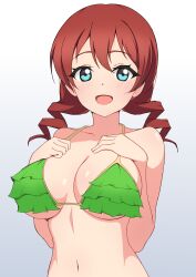 Rule 34 | 1girl, absurdres, aqua eyes, bikini, blush, breasts, dark red hair, emma verde, frilled bikini, frills, green bikini, hands on own chest, highres, large breasts, looking at viewer, love live!, love live! nijigasaki high school idol club, low twintails, mixed-language commentary, mnkr98, navel, open mouth, paid reward available, simple background, smile, solo, swimsuit, twintails