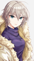 1girl, absurdres, anastasia (idolmaster), breasts, cross, cross necklace, eyebrows visible through hair, eyes visible through hair, grey hair, hair between eyes, highres, idolmaster, idolmaster cinderella girls, jacket, jewelry, looking at viewer, necklace, popon ta, short hair, simple background, small breasts, solo, upper body, white background