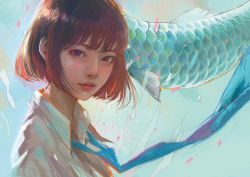 Rule 34 | 1girl, blue necktie, bob cut, brown eyes, brown hair, collared shirt, fish, floating neckwear, flying fish, from side, highres, looking at viewer, looking to the side, necktie, original, parted lips, pink lips, school uniform, shirt, smile, solo, upper body, wataboku, white shirt, wing collar