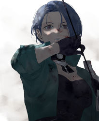 Rule 34 | 1girl, 91007, arrow (projectile), asymmetrical bangs, black gloves, blood, blood on face, breasts, brown eyes, cleavage, collarbone, fire emblem, fire emblem: three houses, gloves, green jacket, grey hair, holding, holding arrow, jacket, looking at viewer, medium breasts, nintendo, open clothes, open jacket, shamir nevrand, short hair, solo, upper body, white background