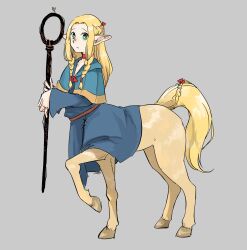 Rule 34 | blonde hair, blue capelet, blue robe, braid, bright pupils, capelet, centaur, closed mouth, commentary request, dungeon meshi, full body, grey background, hands up, highres, holding, holding staff, long hair, long sleeves, looking at viewer, marcille donato, monster girl, monsterification, pointy ears, robe, simple background, solo, staff, standing, taur, tsukune (budodesu), twin braids