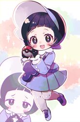 Rule 34 | 1girl, :d, absurdres, black eyes, black gloves, black hair, blush, bright pupils, cardigan, commentary request, creatures (company), dress, eyelashes, game freak, gloves, grey cardigan, grey dress, grey footwear, hands up, highres, holding, holding poke ball, long sleeves, mata, nintendo, open mouth, pantyhose, pleated dress, poke ball, poke ball (basic), pokemon, pokemon sv, poppy (pokemon), shoes, short hair, smile, sparkle, tongue