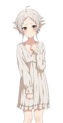 Rule 34 | 1girl, absurdres, ahoge, blush, camui1104, closed mouth, collarbone, commentary request, elf, feet out of frame, grey hair, hand up, highres, light frown, long sleeves, looking at viewer, mushoku tensei, nightgown, pointy ears, short eyebrows, short hair, simple background, solo, split mouth, standing, straight-on, sylphiette (mushoku tensei), v-neck, white background, white nightgown