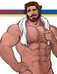 Rule 34 | 1boy, abs, arm hair, bara, beard, brown hair, burger king, chest hair, completely nude, dopey (dopq), facial hair, hairy, highres, large pectorals, looking to the side, male focus, mature male, muscular, muscular male, mustache, navel, navel hair, nipples, nude, out-of-frame censoring, pectorals, seductive smile, short hair, simple background, smile, solo, stomach, strongman waist, the king (burger king), thick eyebrows, towel, towel around neck
