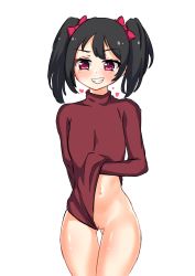 Rule 34 | 1girl, basukechi, black hair, blush, blush stickers, bow, breasts, clitoris, clothing aside, cowboy shot, female focus, gluteal fold, grin, hair between eyes, hair bow, heart, heattech leotard, highres, legs together, leotard, leotard aside, long sleeves, looking at viewer, love live!, love live! school idol project, navel, pink eyes, pulling own clothes, pussy, red bow, red sweater, short hair, short twintails, sidelocks, simple background, small breasts, smile, solo, sweater, teeth, thick thighs, thighs, turtleneck, turtleneck sweater, twintails, uncensored, white background, yazawa nico