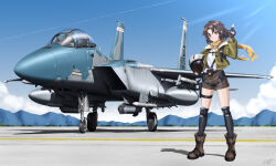 Rule 34 | aircraft, airplane, brown hair, brown shorts, commentary, commission, day, earhart (neural cloud), english commentary, f-15 eagle, fighter jet, full body, girls&#039; frontline, girls&#039; frontline neural cloud, green jacket, helmet, highres, holding, holding helmet, jacket, jet, knee pads, looking at viewer, military vehicle, open clothes, open mouth, outdoors, pilot helmet, pixiv commission, red eyes, scarf, short hair, shorts, standing, teeth, zero (73ro)
