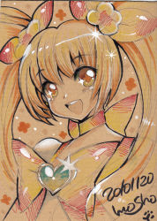 Rule 34 | 10s, 1girl, 2010, blonde hair, brooch, cure sunshine, dated, face, heart, heart brooch, heartcatch precure!, magical girl, mosho, myoudouin itsuki, open mouth, painting (medium), precure, sepia, signature, smile, solo, symbol-shaped pupils, traditional media, twintails, watercolor (medium), yellow eyes