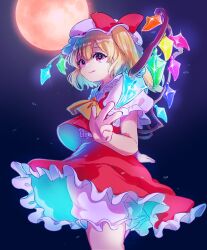Rule 34 | 1girl, :p, ascot, blonde hair, bloomers, blue skirt, bow, center frills, collared shirt, commentary, cowboy shot, flandre scarlet, frilled shirt collar, frilled skirt, frilled sleeves, frills, from side, full moon, glowing, glowing crystal, hat, hat bow, highres, looking at viewer, looking to the side, medium hair, mob cap, moon, night, one side up, puffy short sleeves, puffy sleeves, rai (3stone), red bow, red eyes, red skirt, red vest, shirt, short sleeves, skirt, solo, sparkle, tongue, tongue out, touhou, two-tone skirt, underwear, vest, w, white hat, white shirt, wings, yellow ascot