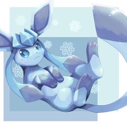 Rule 34 | :3, blue eyes, closed mouth, commentary, creatures (company), game freak, gen 4 pokemon, glaceon, hands on stomach, highres, komunyan, light blue background, lying, nintendo, no humans, on back, pokemon, pokemon (creature), snowflake background, snowflakes, solo
