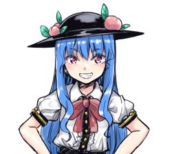 Rule 34 | 1girl, black hat, blue hair, bow, center frills, collared shirt, commentary request, frills, grin, hair between eyes, hat, hinanawi tenshi, long hair, looking at viewer, naegi (naegidokoro), puffy short sleeves, puffy sleeves, red bow, red eyes, shirt, short sleeves, simple background, smile, solo, touhou, upper body, very long hair, white background, white shirt