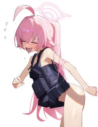 1girl :d absurdres ass bare_arms bare_shoulders blue_archive blush bottomless bulletproof_vest closed_eyes facing_viewer fang flying_sweatdrops highres hoshino_(blue_archive) open_mouth pink_hair pouch simple_background skin_fang smile solo standing suye sweat tactical_clothes white_background