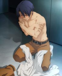 Rule 34 | 1boy, blue hair, blush, closed eyes, unworn clothes, covering privates, covering chest, embarrassed, fate/stay night, fate (series), glasses, head down, highres, homurahara academy school uniform, humiliation, kneeling, male focus, muscular, on floor, ryuudou issei, school uniform, unworn shirt, solo, stitched, third-party edit