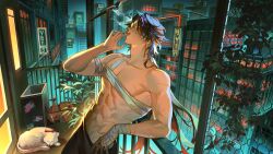 Rule 34 | 1boy, abs, against railing, animalization, balcony, bandaged arm, bandaged chest, bandaged hand, bandages, black hair, black pants, blade (honkai: star rail), box, building, cardboard box, cat, chain-link fence, cigarette, city, cityscape, collarbone, commentary, earrings, english commentary, fence, gradient hair, hand up, highres, holding, holding cigarette, honkai: star rail, honkai (series), jewelry, jing yuan, long hair, looking up, male focus, mole, mole under eye, multicolored hair, multiple scars, muoi, neon lights, night, outdoors, pants, parted bangs, pectorals, plant, potted plant, railing, red eyes, red hair, red ribbon, ribbon, scar, scar on arm, scar on chest, scenery, sign, skyscraper, smoke, smoking, solo, standing, stomach, topless male, trash can, trowel, very long hair, white cat, window