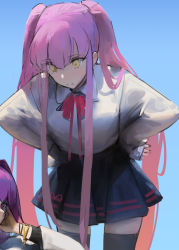 Rule 34 | 2girls, alternate costume, alternate hairstyle, blouse, casual, dokshuri, fate/grand order, fate (series), hair over shoulder, hands on own hips, highres, leaning forward, looking down, medb (fate), multiple girls, pink hair, scathach (fate), school uniform, shirt, skirt, thighhighs, twintails, white shirt, yellow eyes