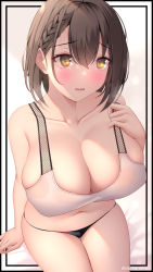 Rule 34 | 1girl, akira shiun, arm support, azur lane, baltimore (azur lane), black panties, blush, bra, braid, breasts, brown eyes, brown hair, cleavage, collarbone, embarrassed, french braid, hair between eyes, hand on own chest, highres, large breasts, looking at viewer, navel, open mouth, outside border, panties, parted lips, short hair, sitting, solo, twitter username, underwear, wavy mouth, white bra