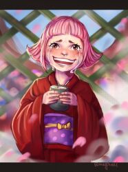 Rule 34 | 1girl, artist name, blunt bangs, blush, child, crying, crying with eyes open, highres, holding, magikee1, one piece, open mouth, orange eyes, pink hair, realistic, short hair, smile, solo, tearing up, tears, teeth, toko (one piece)