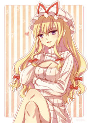 Rule 34 | 1girl, artist name, bad id, bad pixiv id, blonde hair, breasts, hair ribbon, hat, hat ribbon, knees, large breasts, crossed legs, lilith (lilithchan), meme attire, mob cap, open-chest sweater, purple eyes, red ribbon, ribbon, sidelocks, sitting, solo, striped, striped background, sweater, touhou, tress ribbon, vertical stripes, yakumo yukari