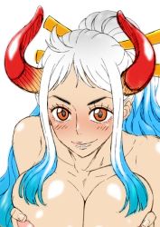 Rule 34 | 1girl, blue hair, blush, breast hold, breasts, cleavage, female focus, gradient hair, horns, large breasts, long hair, multicolored hair, nel-zel formula, one piece, orange eyes, smile, solo, upper body, white hair, yamato (one piece)