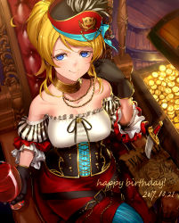 Rule 34 | &gt;:), 1girl, ayase eli, barrel, belt, black gloves, blonde hair, blue eyes, chalice, choker, coin, corset, cup, dagger, dated, detached sleeves, frilled sleeves, frills, gloves, happy birthday, hat, hat feather, highres, jyon, knife, looking at viewer, love live!, love live! school idol festival, love live! school idol project, neck ribbon, pirate, pirate hat, ribbon, sitting, solo, treasure chest, v-shaped eyebrows, wanted, weapon, yazawa nico