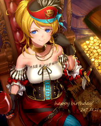 &gt;:) 1girl ayase_eli barrel belt black_gloves blonde_hair blue_eyes chalice choker coin corset cup dagger dated detached_sleeves female_focus frilled_sleeves frills gloves happy_birthday hat hat_feather highres jyon knife looking_at_viewer love_live! love_live!_school_idol_festival love_live!_school_idol_project neck_ribbon pirate pirate_hat ribbon sitting solo treasure_chest v-shaped_eyebrows wanted_poster weapon yazawa_nico