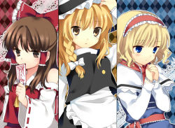 Rule 34 | 3girls, alice margatroid, argyle, argyle background, argyle clothes, bad id, blonde hair, blue eyes, bow, braid, brown eyes, brown hair, cover, cover page, detached sleeves, female focus, hair bow, hairband, hakurei reimu, hanabana tsubomi, hat, japanese clothes, jpeg artifacts, kirisame marisa, long hair, miko, multiple girls, ofuda, own hands together, short hair, side braid, touhou, witch, witch hat, yellow eyes