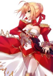 Rule 34 | 1girl, ahoge, bad id, bad pixiv id, blonde hair, breasts, cleavage, fate (series), green eyes, hair ribbon, holding, holding sword, holding weapon, leotard, medium breasts, nero claudius (fate), nero claudius (fate) (all), nero claudius (fate/extra), nirugeruge, red ribbon, ribbon, see-through, short hair, simple background, solo, standing, strapless, strapless leotard, sword, weapon, white background, white leotard