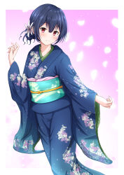 Rule 34 | 1girl, black hair, blue kimono, blush, closed mouth, collarbone, cowboy shot, dot nose, falling petals, flat chest, floral print, flower, gradient background, green sash, hair between eyes, hair bun, hair flower, hair ornament, hand up, highres, idolmaster, idolmaster shiny colors, japanese clothes, kimono, long sleeves, looking at viewer, morino rinze, nagmilk, obi, obiage, obijime, petals, pink background, print kimono, red eyes, sash, short hair, smile, solo, standing, white flower, wide sleeves