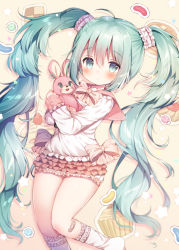 Rule 34 | 1girl, :o, ahoge, aqua eyes, aqua hair, bandaid, bandaid on leg, blush, bow, capelet, commentary request, hugging doll, frilled shirt, frills, hatsune miku, highres, lol -lots of laugh- (vocaloid), long hair, long sleeves, looking at viewer, momozu komamochi, no shoes, hugging object, orange bow, pink scrunchie, red capelet, scrunchie, shirt, short shorts, shorts, socks, solo, stuffed animal, stuffed rabbit, stuffed toy, twintails, very long hair, vocaloid, white shirt, white shorts, white socks