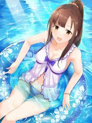 Rule 34 | 10s, 1girl, afloat, ashita (2010), babydoll, bad id, bad twitter id, bikini, blush, breasts, brown eyes, brown hair, cleavage, commentary request, idolmaster, idolmaster cinderella girls, idolmaster cinderella girls starlight stage, innertube, long hair, looking at viewer, medium breasts, mizumoto yukari, navel, open mouth, partially submerged, ponytail, smile, solo, swim ring, swimsuit