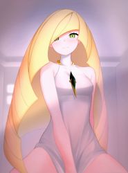 Rule 34 | 1girl, absurdres, artist request, bare shoulders, between legs, blonde hair, blush, bottomless, brooch, collarbone, cowboy shot, creatures (company), game freak, green eyes, hand between legs, highres, jewelry, long hair, looking at viewer, looking down, lusamine (pokemon), necklace, nintendo, pokemon, pokemon sm, pulling at clothes, smile, solo, source request