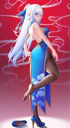Rule 34 | 1girl, absurdres, adjusting clothes, backless dress, backless outfit, black pantyhose, breasts, china dress, chinese clothes, dress, feet, from behind, gradient background, high heels, high ponytail, highres, honkai: star rail, honkai (series), jingliu (honkai: star rail), long hair, looking at viewer, medium breasts, mimuxiao, pantyhose, parted lips, red background, red eyes, shoes, single shoe, solo, standing, standing on one leg, white hair