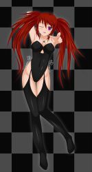 Rule 34 | 1girl, absurdres, black thighhighs, breasts, cleavage, facial mark, female focus, full body, garter straps, gradient background, highres, leotard, long hair, lying, midnight (banyex), one eye closed, open mouth, playboy bunny, pointing, purple eyes, red hair, solo, thigh gap, thighhighs, twintails, wink