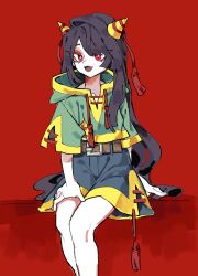 Rule 34 | 1girl, absurdres, adapted costume, belt, black hair, black shorts, brown belt, fangs, feet out of frame, green hoodie, highres, hood, hoodie, horns, long hair, nippaku zanmu, nunrb, oni horns, open mouth, red eyes, short sleeves, shorts, smile, solo, touhou, unfinished dream of all living ghost